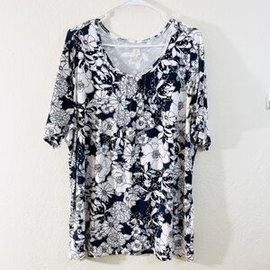 Cj Banks Round Neck Short Sleeve Floral Top Women Size 2X Blue/White
